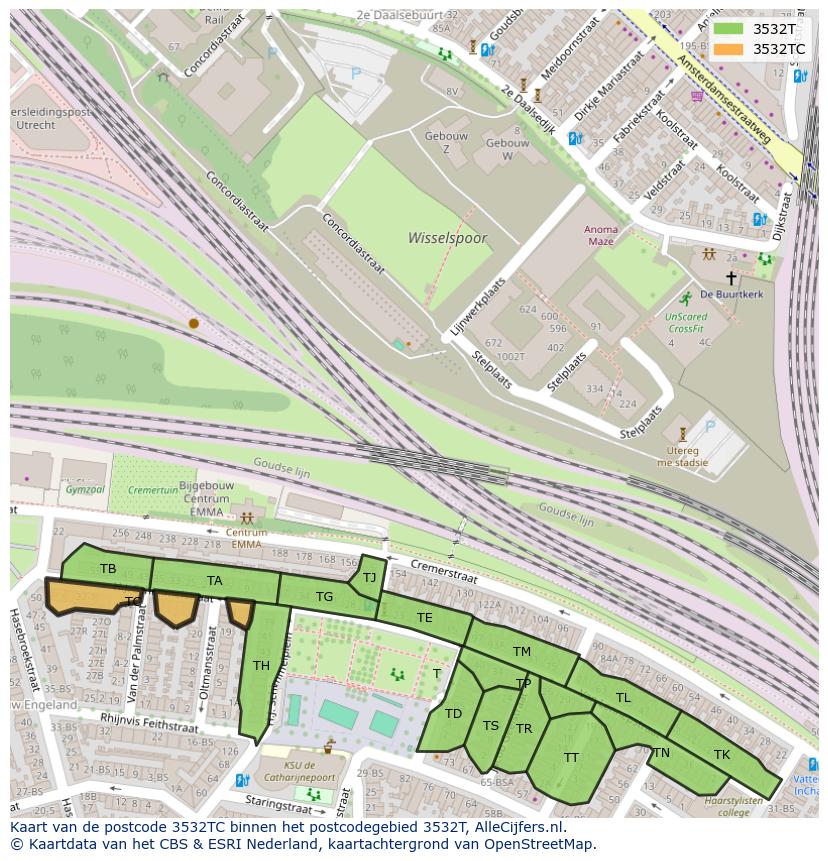 Afbeelding van het postcodegebied 3532 TC op de kaart.