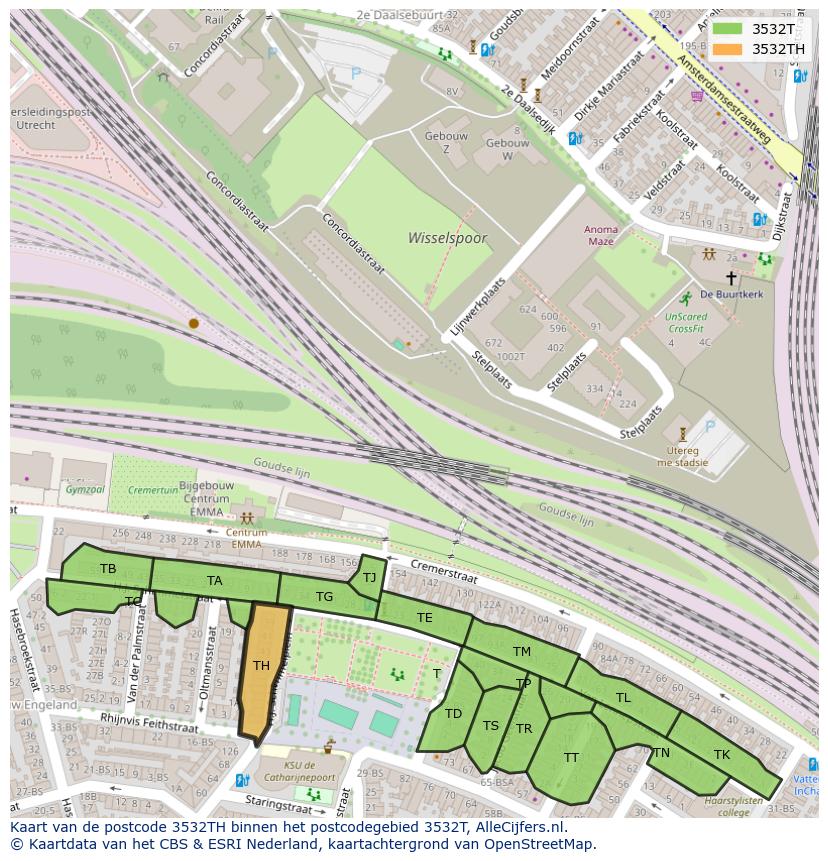 Afbeelding van het postcodegebied 3532 TH op de kaart.