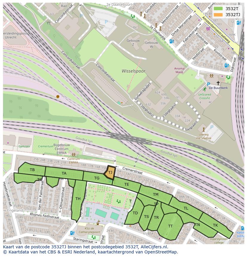 Afbeelding van het postcodegebied 3532 TJ op de kaart.
