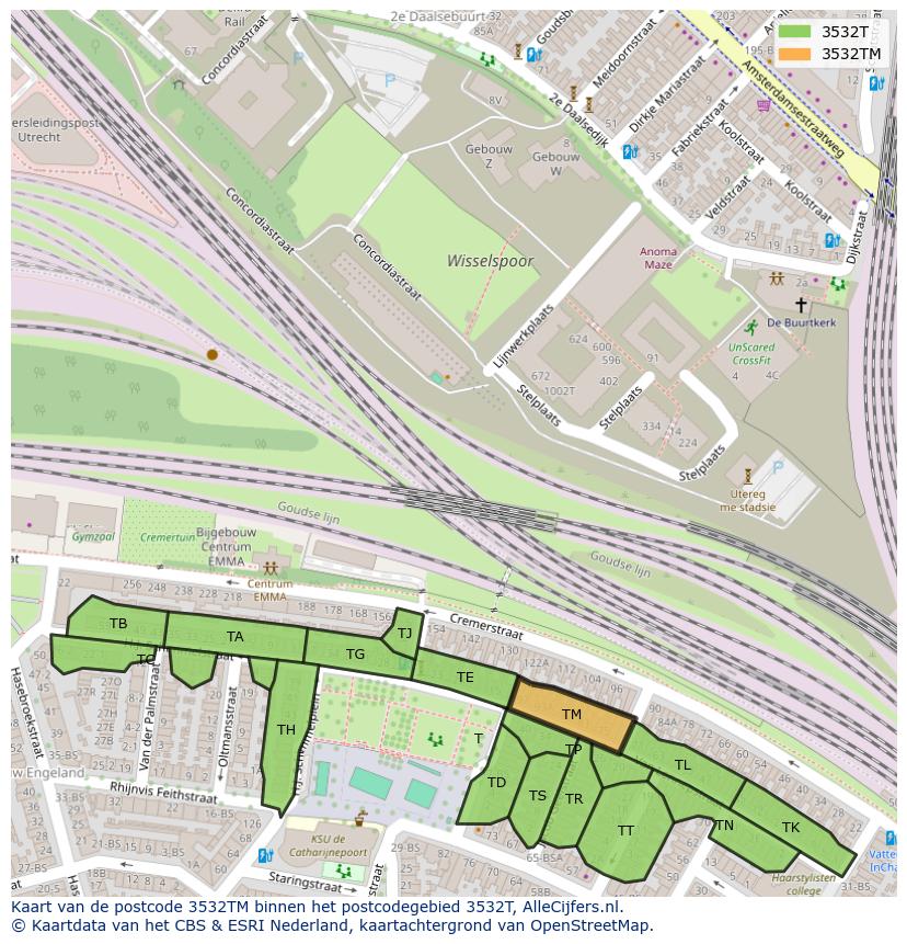 Afbeelding van het postcodegebied 3532 TM op de kaart.