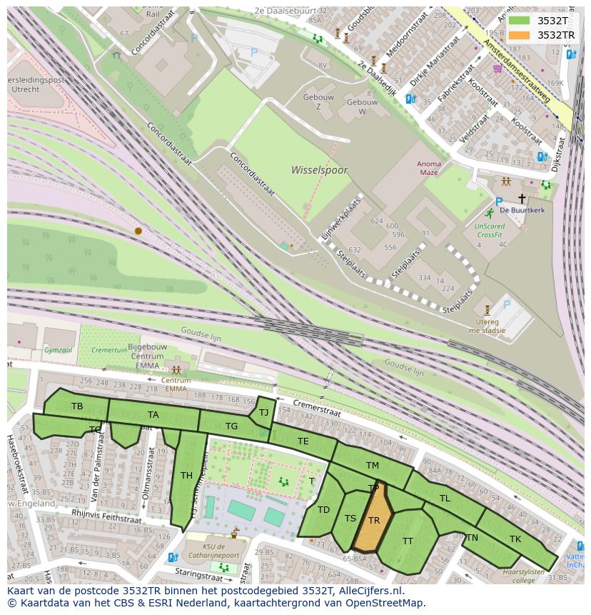 Afbeelding van het postcodegebied 3532 TR op de kaart.