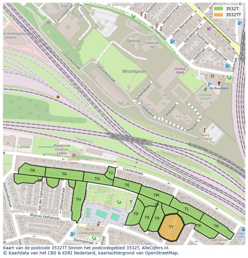 Afbeelding van het postcodegebied 3532 TT op de kaart.