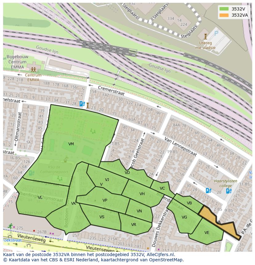 Afbeelding van het postcodegebied 3532 VA op de kaart.