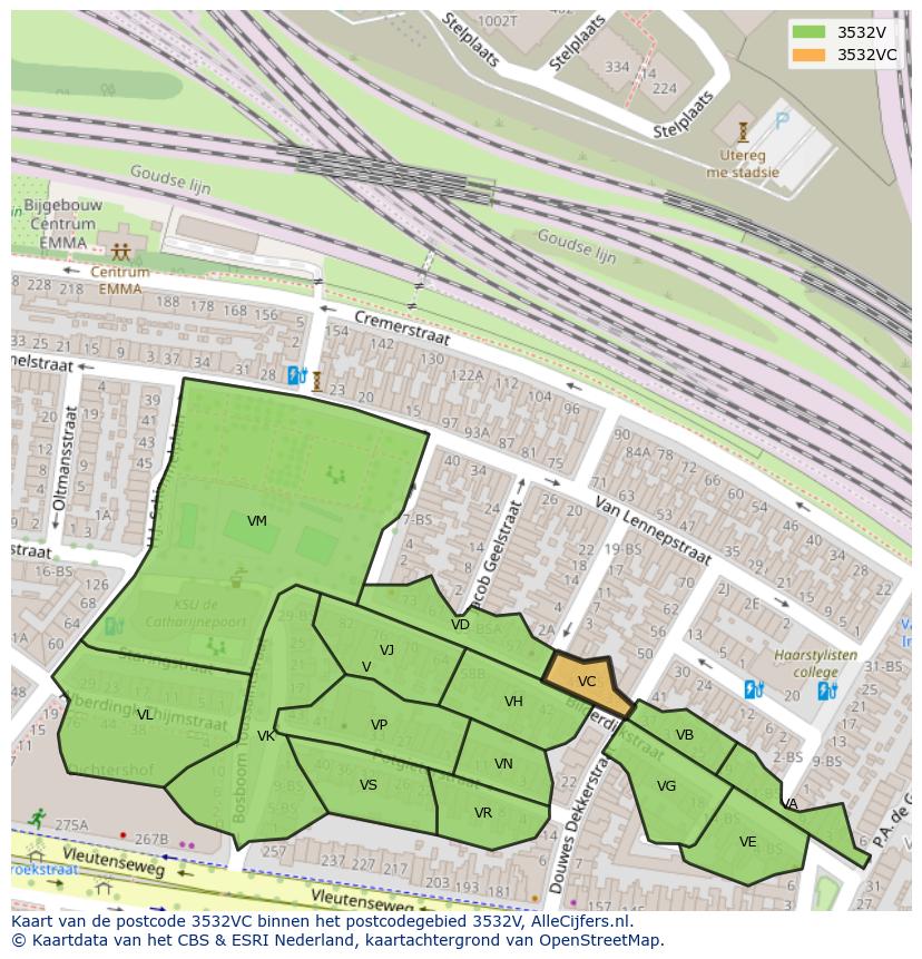 Afbeelding van het postcodegebied 3532 VC op de kaart.