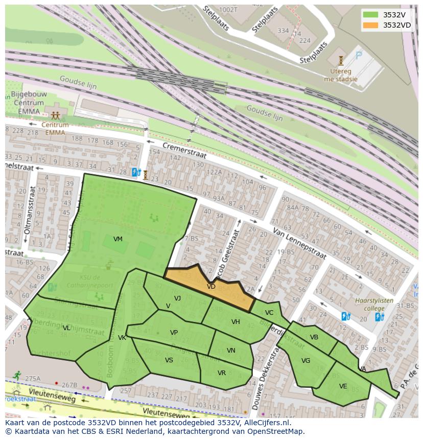 Afbeelding van het postcodegebied 3532 VD op de kaart.