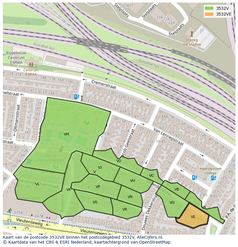 Afbeelding van het postcodegebied 3532 VE op de kaart.