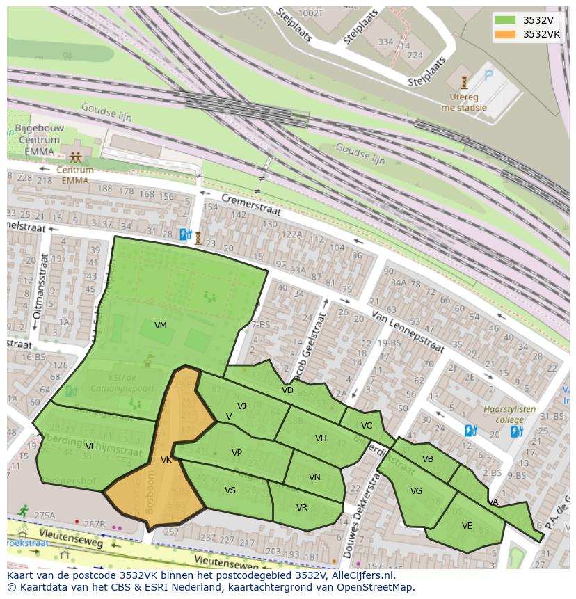Afbeelding van het postcodegebied 3532 VK op de kaart.
