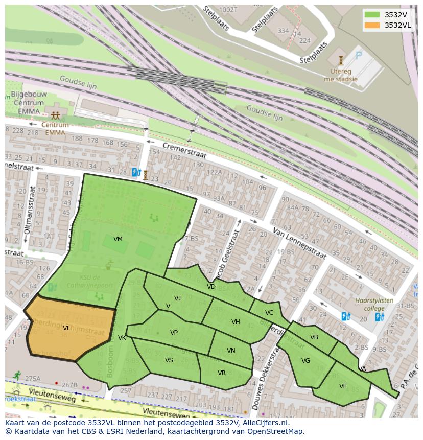 Afbeelding van het postcodegebied 3532 VL op de kaart.