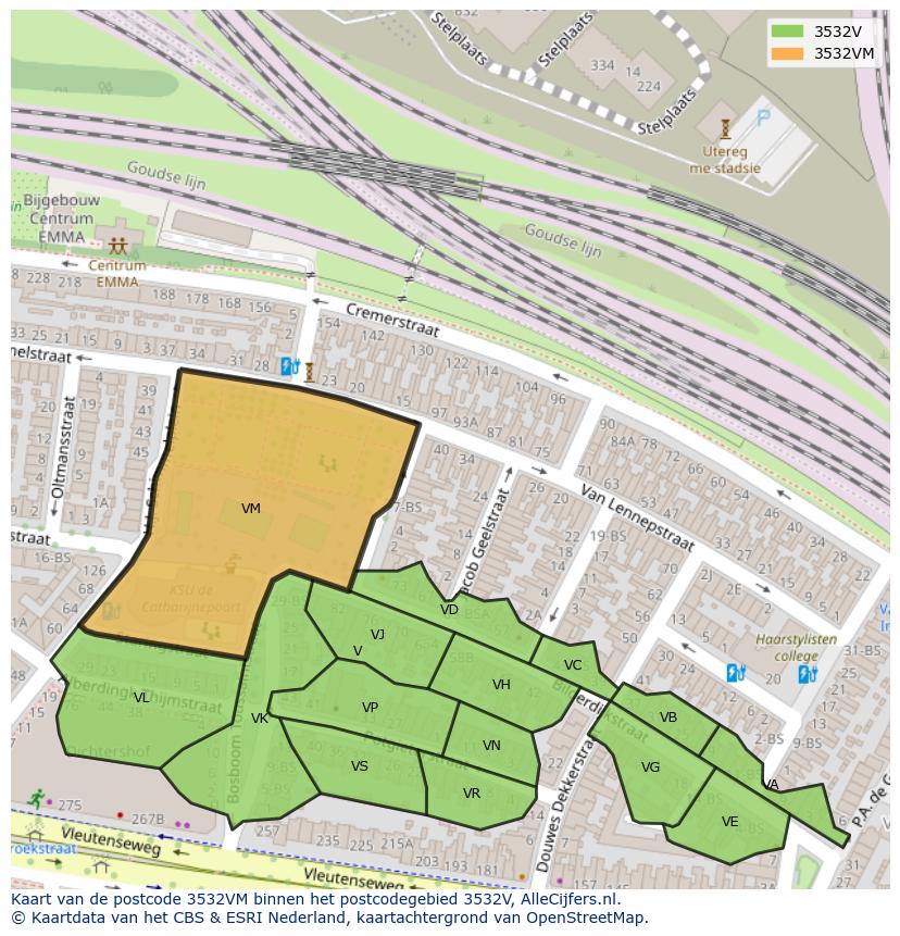 Afbeelding van het postcodegebied 3532 VM op de kaart.