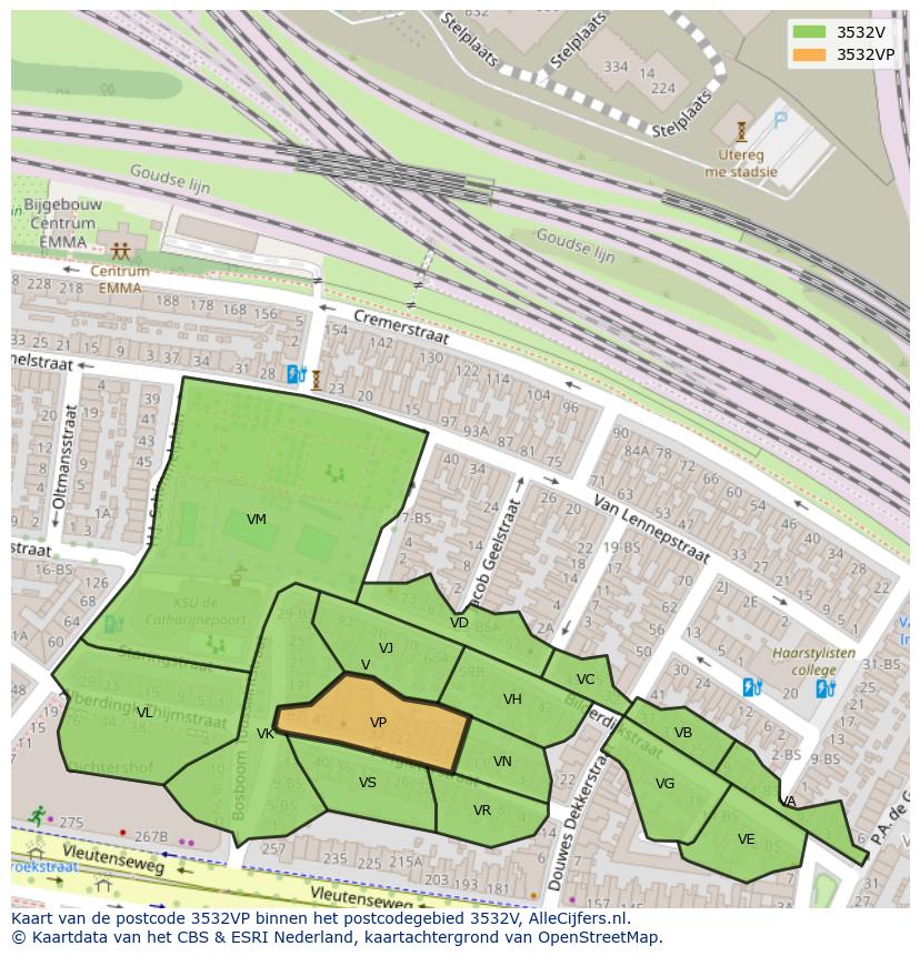 Afbeelding van het postcodegebied 3532 VP op de kaart.