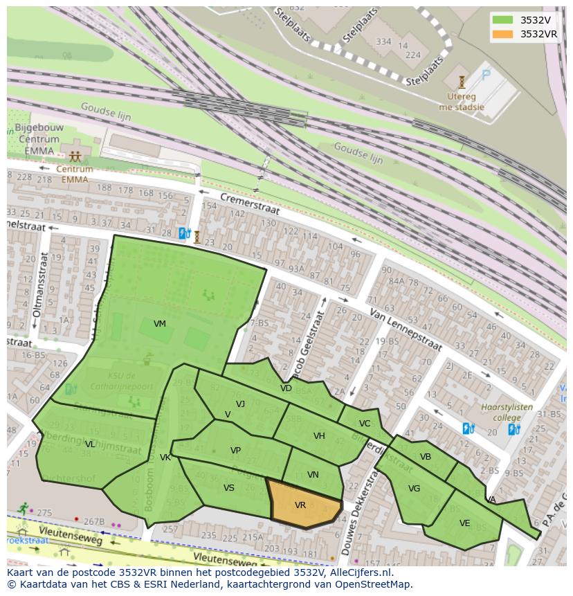 Afbeelding van het postcodegebied 3532 VR op de kaart.