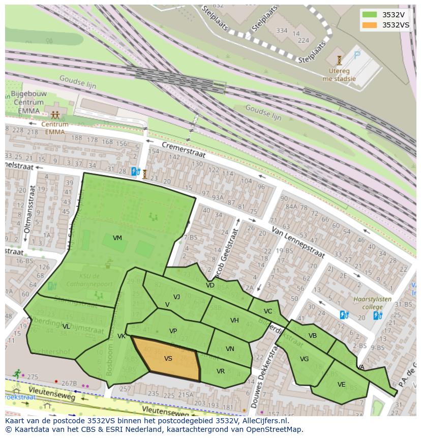 Afbeelding van het postcodegebied 3532 VS op de kaart.
