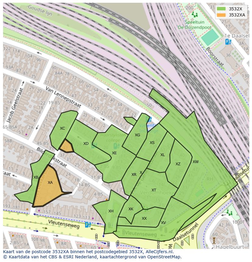 Afbeelding van het postcodegebied 3532 XA op de kaart.