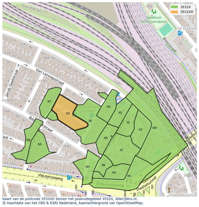 Afbeelding van het postcodegebied 3532 XD op de kaart.