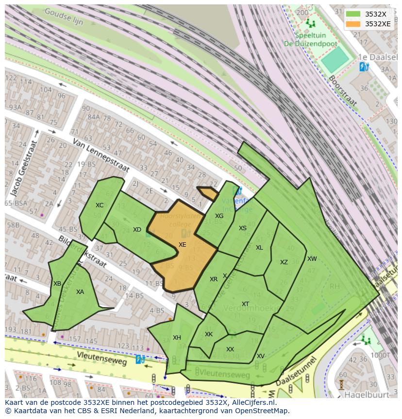 Afbeelding van het postcodegebied 3532 XE op de kaart.