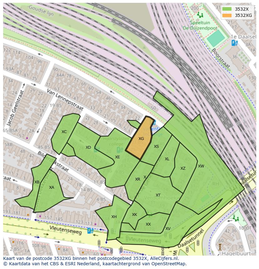 Afbeelding van het postcodegebied 3532 XG op de kaart.