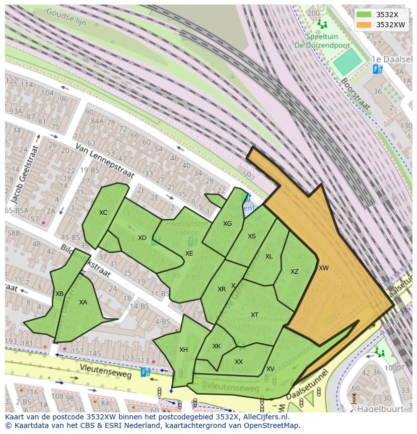 Afbeelding van het postcodegebied 3532 XW op de kaart.