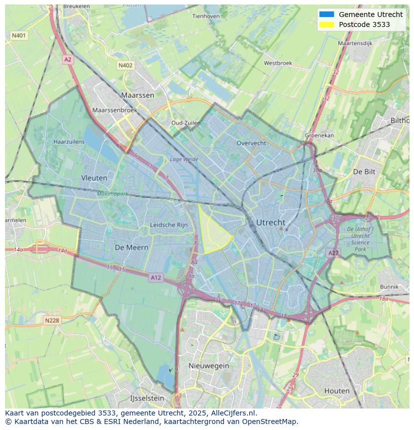 Afbeelding van het postcodegebied 3533 op de kaart.
