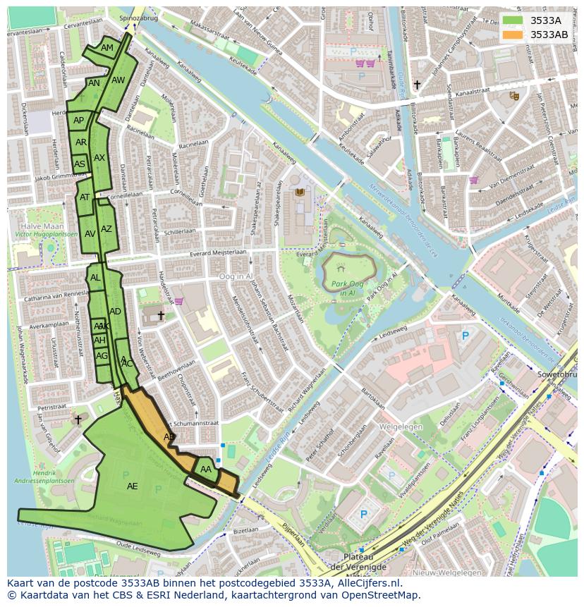Afbeelding van het postcodegebied 3533 AB op de kaart.