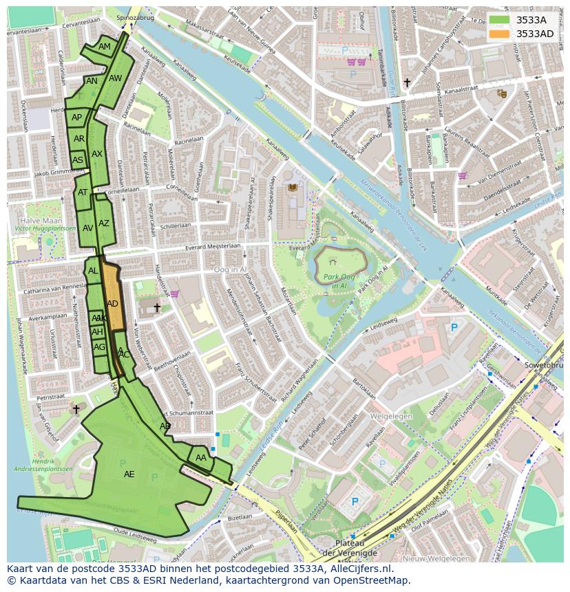 Afbeelding van het postcodegebied 3533 AD op de kaart.