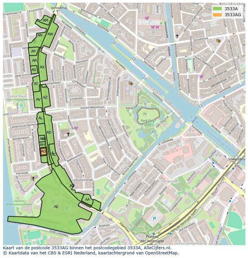 Afbeelding van het postcodegebied 3533 AG op de kaart.