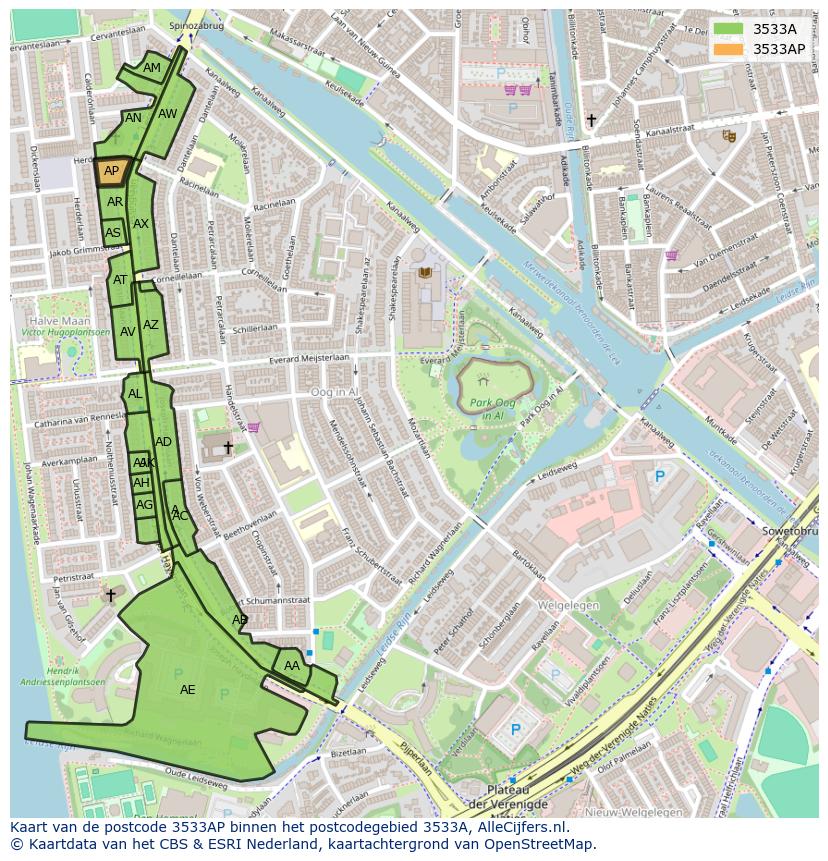Afbeelding van het postcodegebied 3533 AP op de kaart.