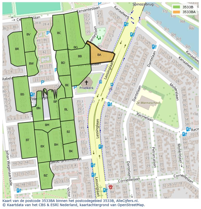 Afbeelding van het postcodegebied 3533 BA op de kaart.