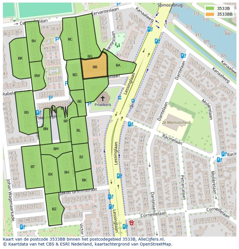 Afbeelding van het postcodegebied 3533 BB op de kaart.
