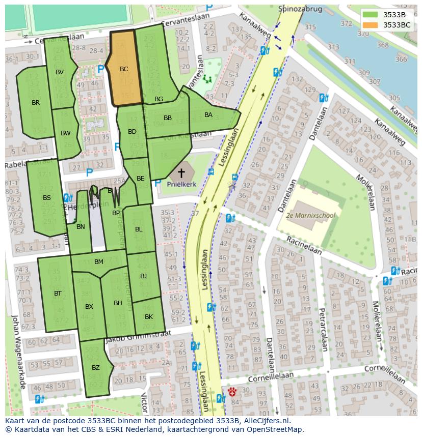 Afbeelding van het postcodegebied 3533 BC op de kaart.