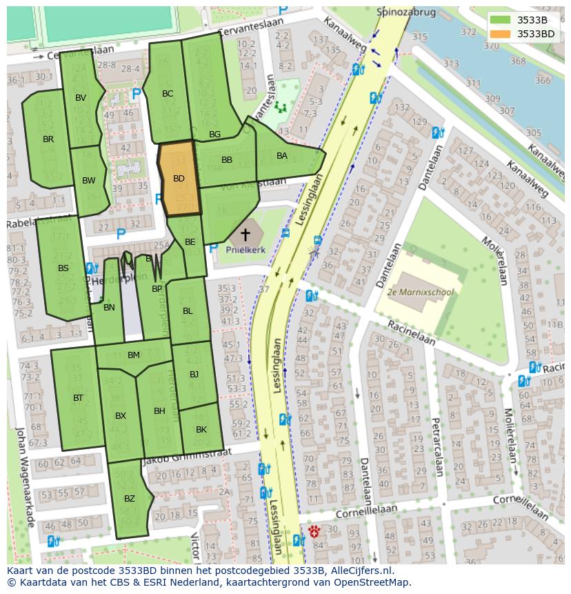 Afbeelding van het postcodegebied 3533 BD op de kaart.
