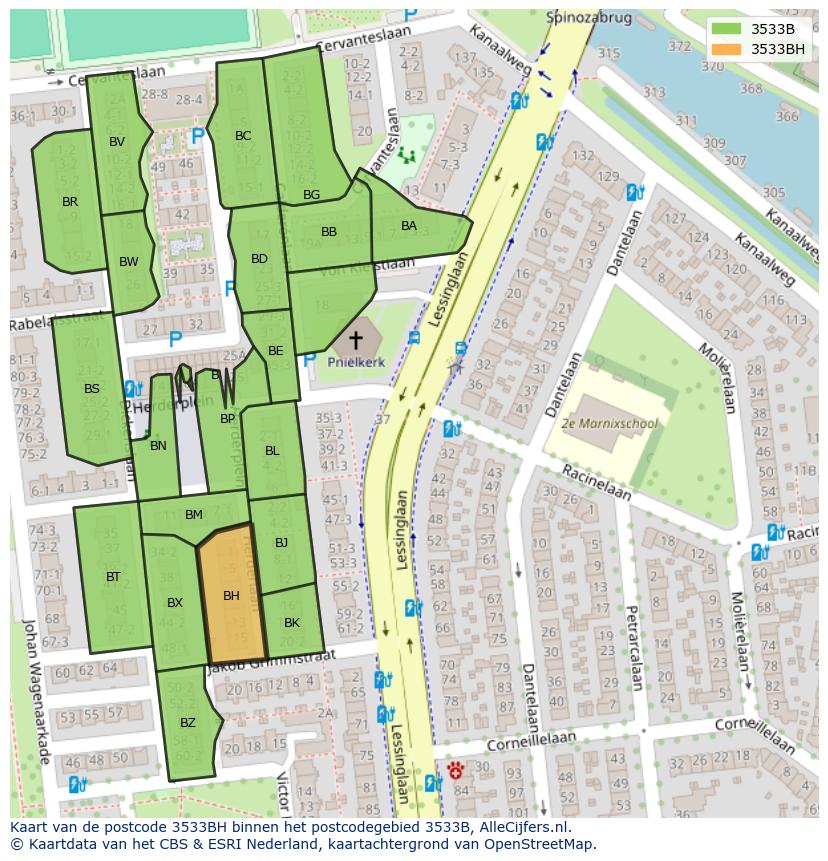Afbeelding van het postcodegebied 3533 BH op de kaart.
