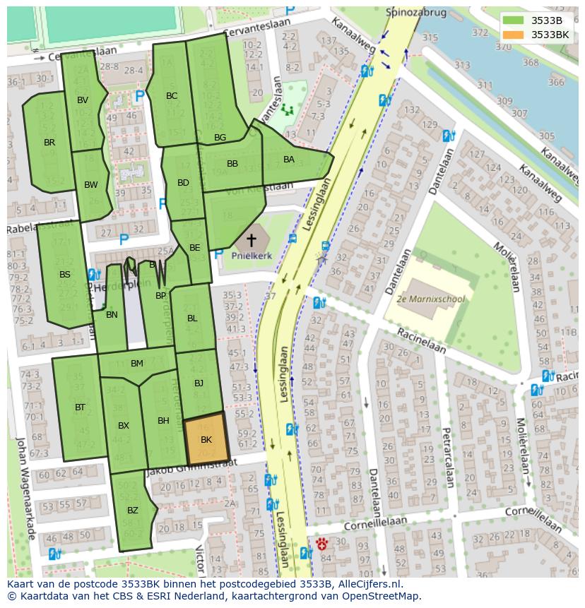 Afbeelding van het postcodegebied 3533 BK op de kaart.