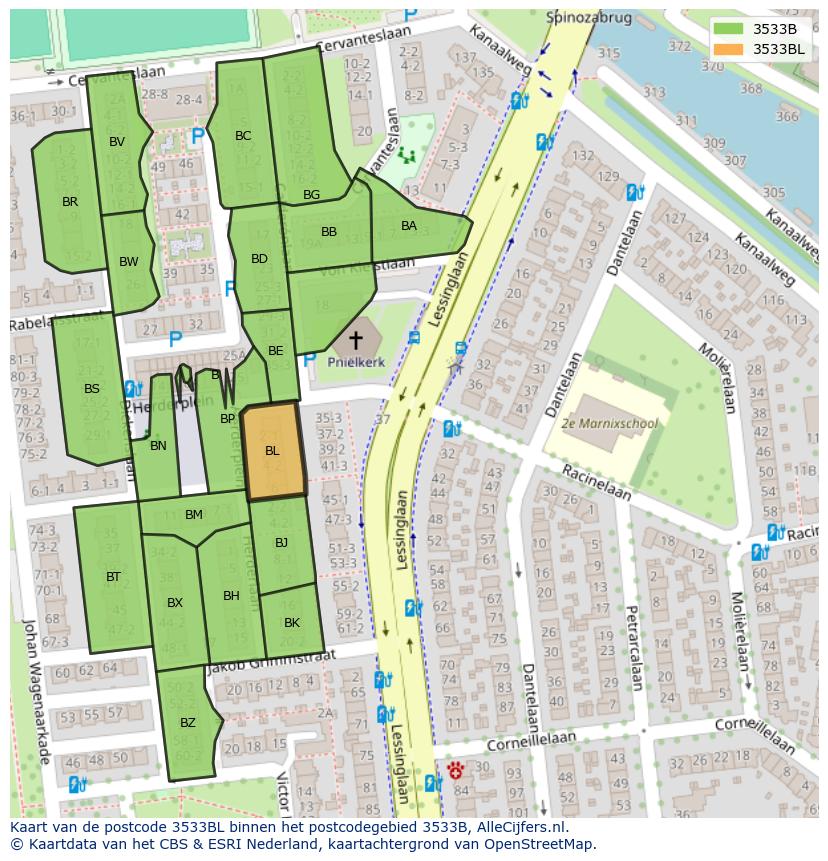 Afbeelding van het postcodegebied 3533 BL op de kaart.