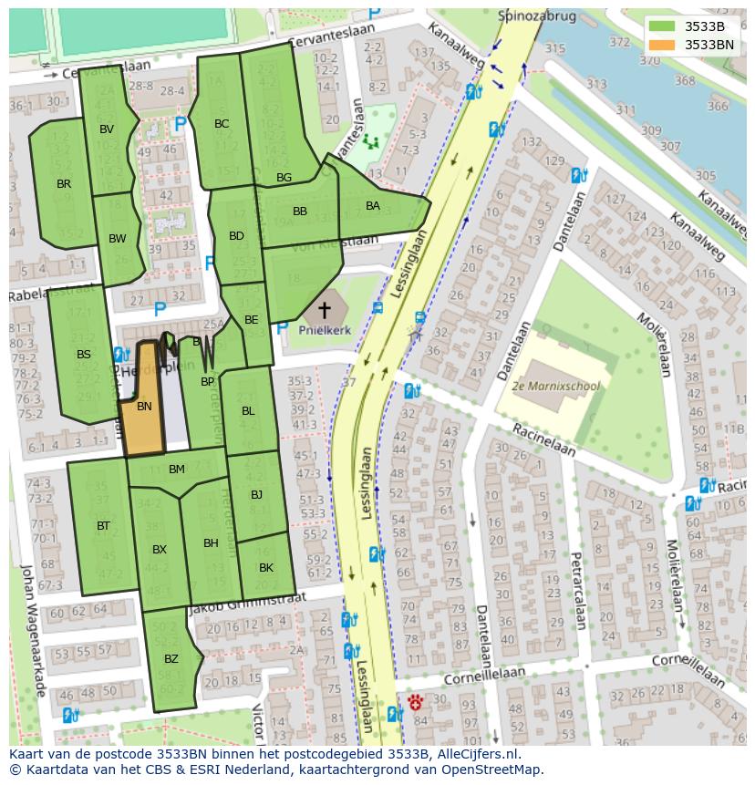 Afbeelding van het postcodegebied 3533 BN op de kaart.