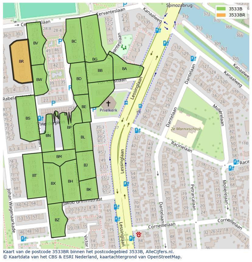 Afbeelding van het postcodegebied 3533 BR op de kaart.