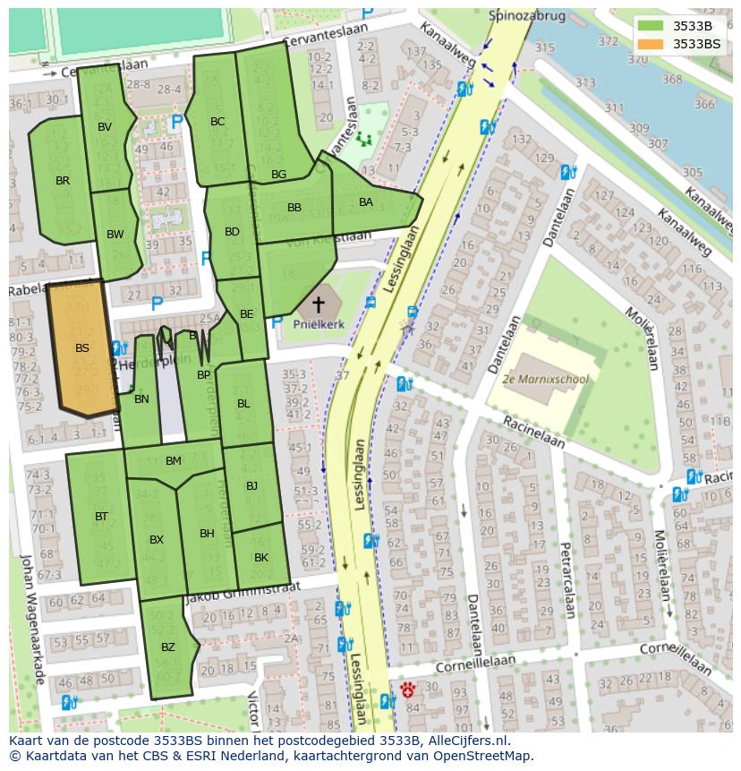 Afbeelding van het postcodegebied 3533 BS op de kaart.
