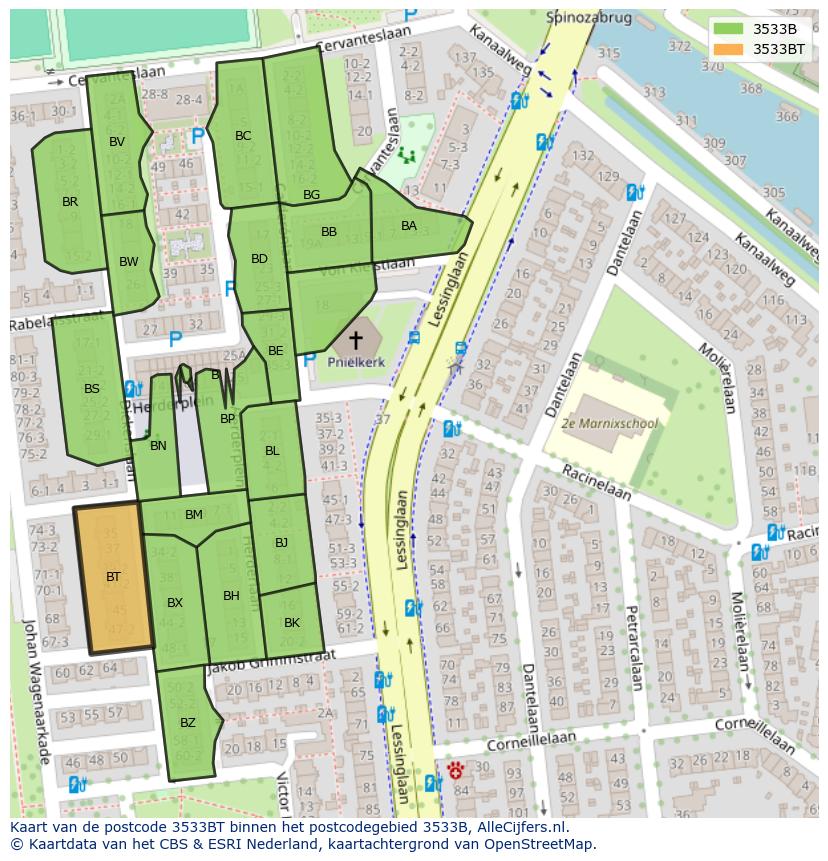 Afbeelding van het postcodegebied 3533 BT op de kaart.
