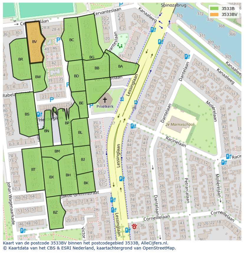 Afbeelding van het postcodegebied 3533 BV op de kaart.