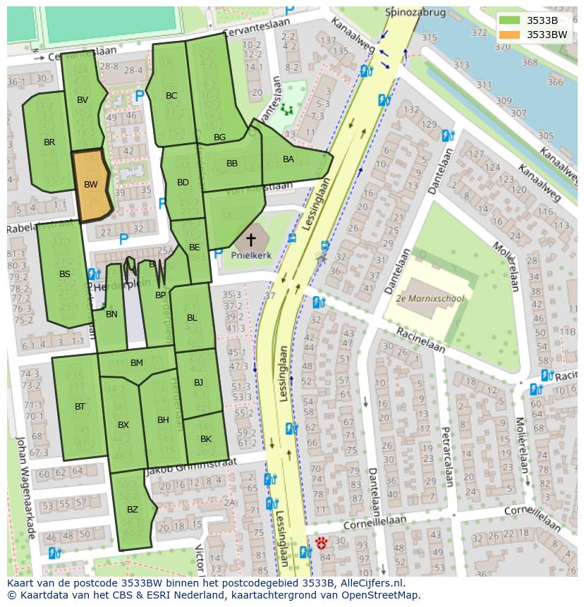Afbeelding van het postcodegebied 3533 BW op de kaart.