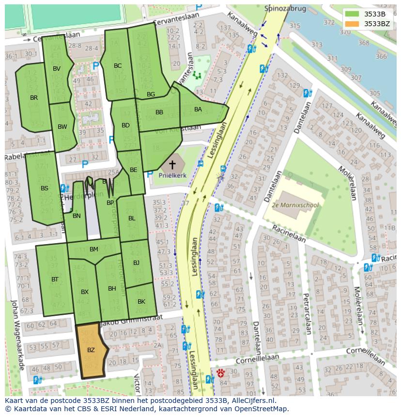 Afbeelding van het postcodegebied 3533 BZ op de kaart.