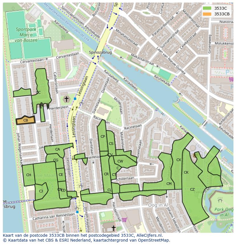 Afbeelding van het postcodegebied 3533 CB op de kaart.