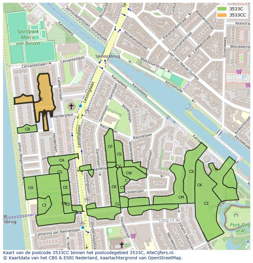 Afbeelding van het postcodegebied 3533 CC op de kaart.