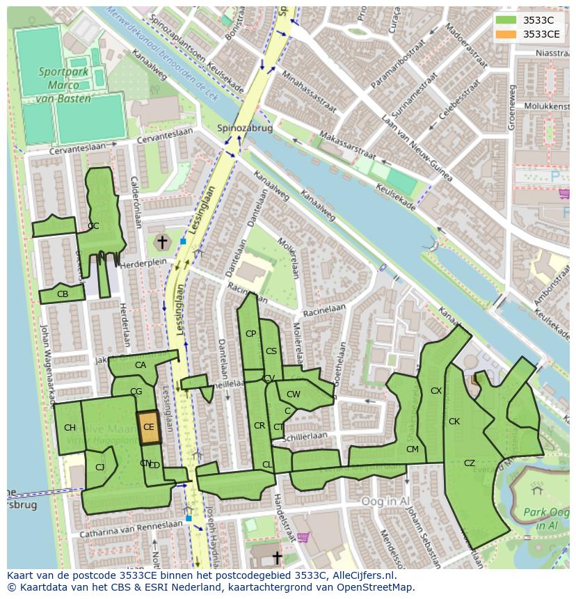 Afbeelding van het postcodegebied 3533 CE op de kaart.