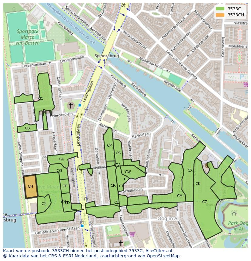 Afbeelding van het postcodegebied 3533 CH op de kaart.