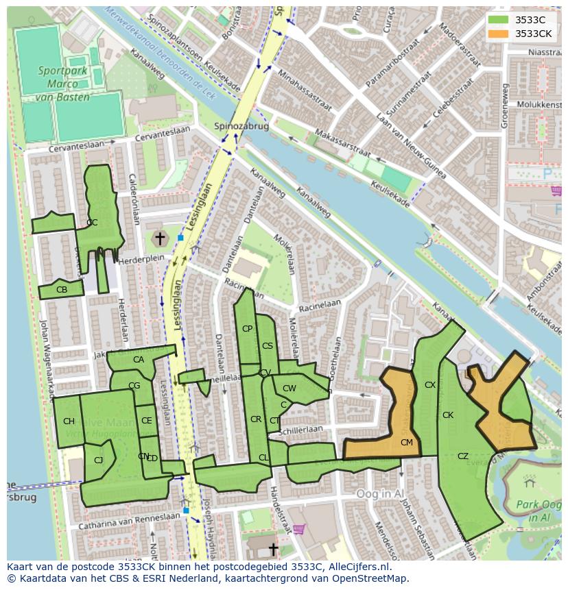 Afbeelding van het postcodegebied 3533 CK op de kaart.