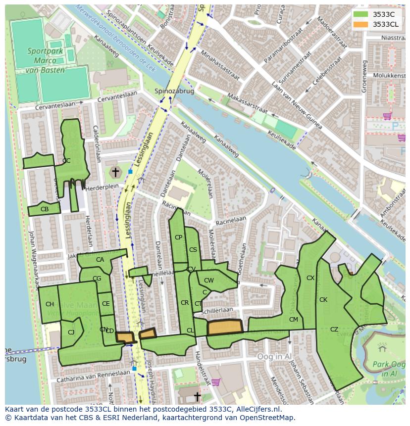 Afbeelding van het postcodegebied 3533 CL op de kaart.