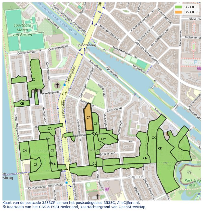 Afbeelding van het postcodegebied 3533 CP op de kaart.
