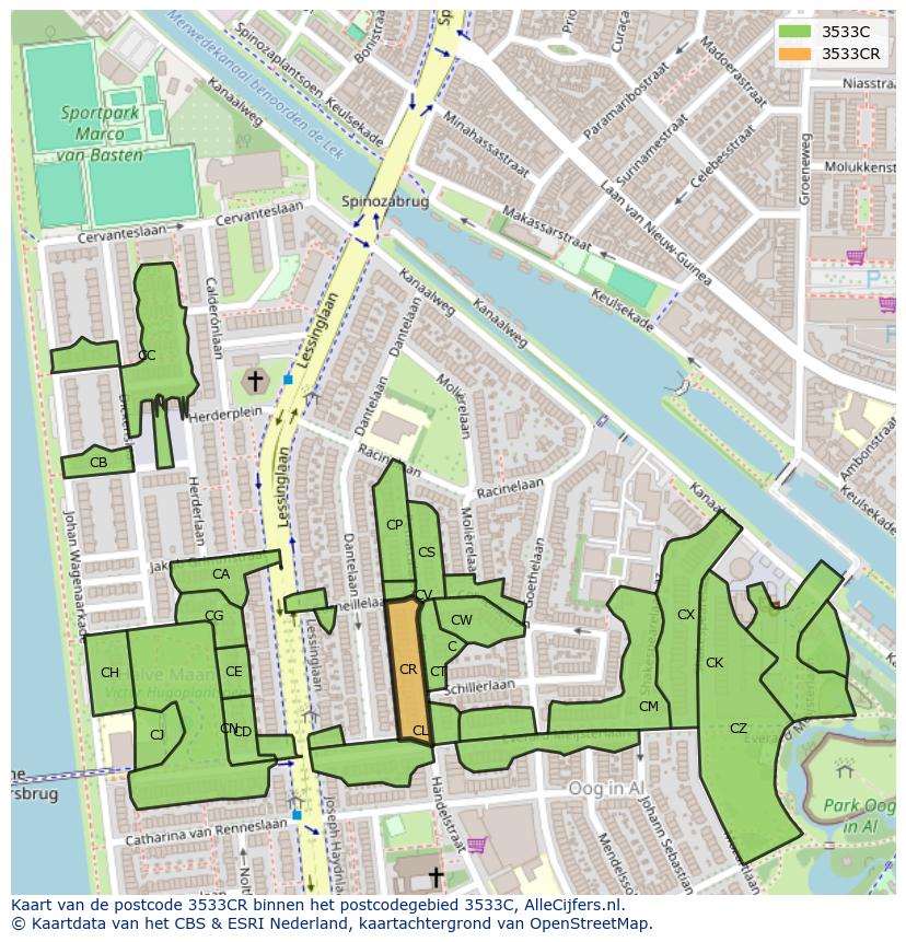 Afbeelding van het postcodegebied 3533 CR op de kaart.