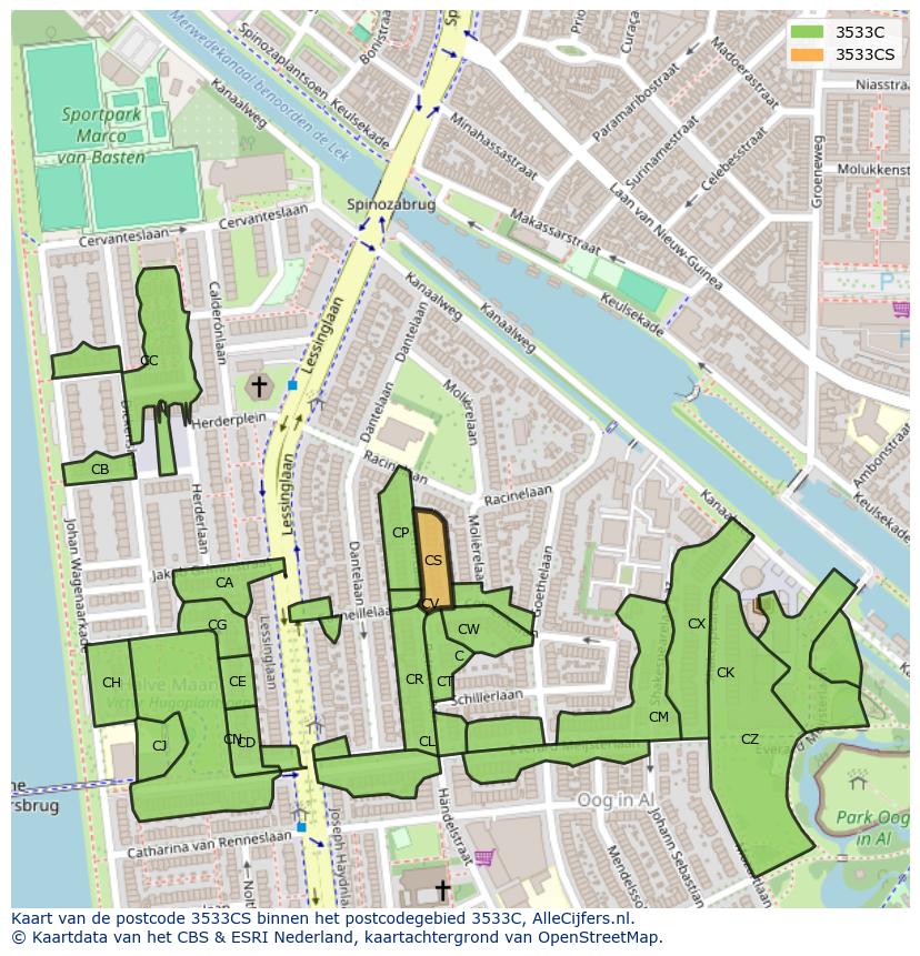 Afbeelding van het postcodegebied 3533 CS op de kaart.