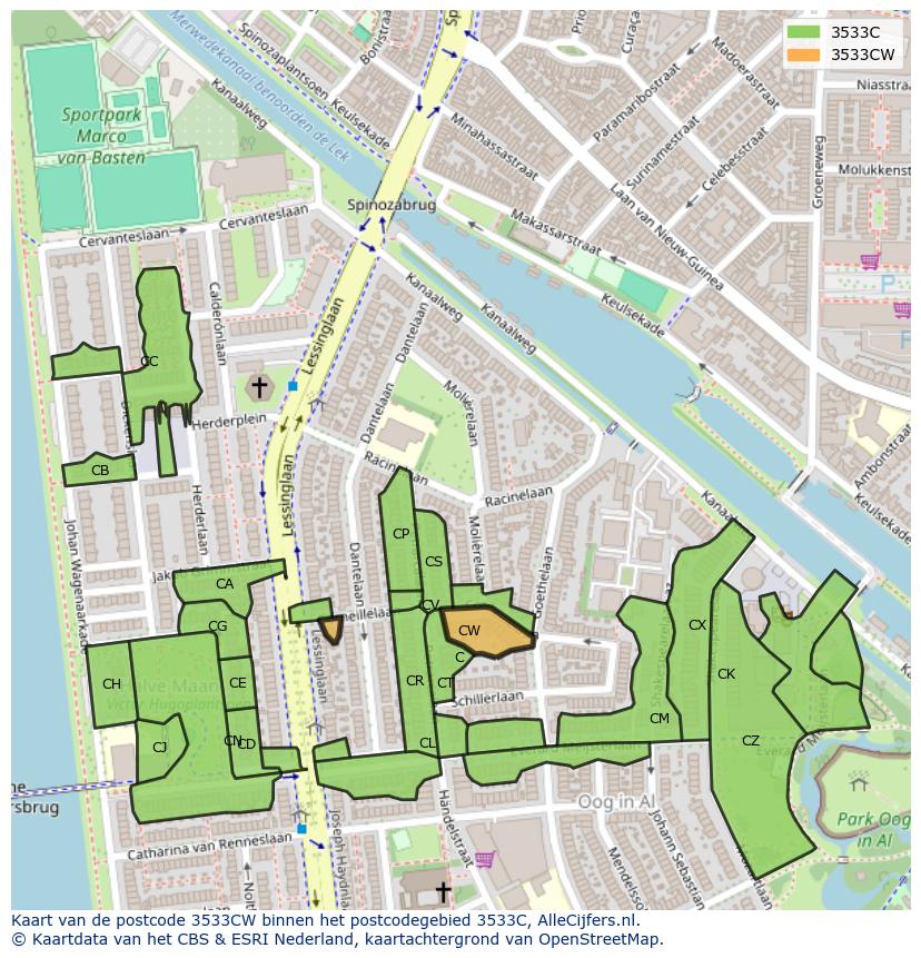 Afbeelding van het postcodegebied 3533 CW op de kaart.